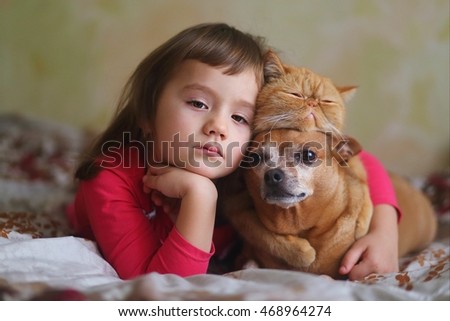 GIRL, dog, cat Royalty-Free Stock Photo #468964274