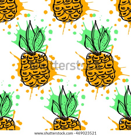 Seamless vector pattern. Hand drawn  fruits illustration of colorful pineapple with splash and drop, on the white background. Line drawing, Series of fruits vector seamless Patterns.