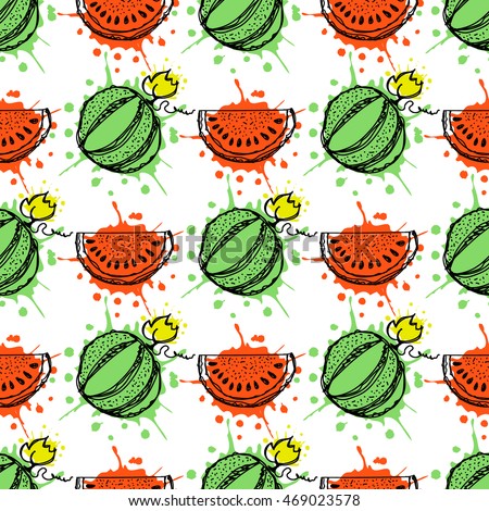 Seamless vector pattern. Hand drawn  fruits illustration of watermelon with splash and drop, on the white background. Line drawing, Series of fruits vector seamless Patterns.