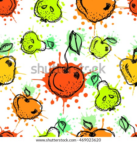 Seamless vector pattern. Hand drawn  fruits illustration of colorful cherry, apple, pear, berry, strawberry with splash and drop, on the white background. Line drawing, 