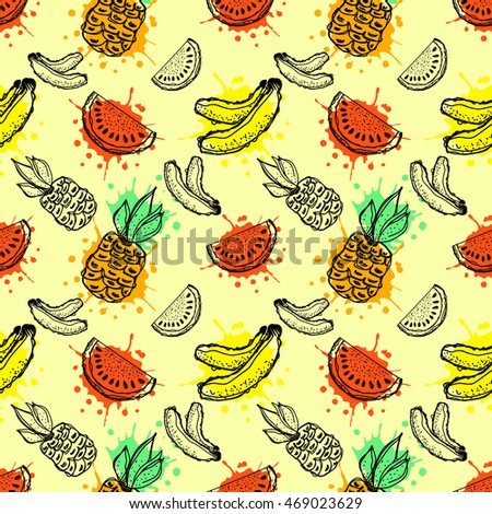 Seamless vector pattern. Hand drawn  fruits illustration of banana, pineapple and watermelon with splash and drop, on the yellow background. Line drawing, Series of fruits vector seamless Patterns.