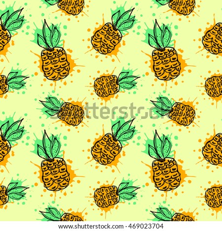 Seamless vector pattern. Hand drawn  fruits illustration of colorful pineapple with splash and drop, on the yellow background. Line drawing, Series of fruits vector seamless Patterns.