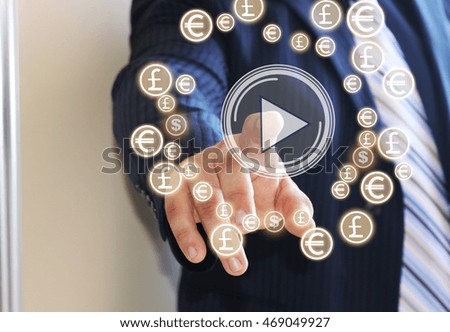 Businessman pressing play button on a touch screen. The concept of beginning a business or initiate projects, startups. Web icons.