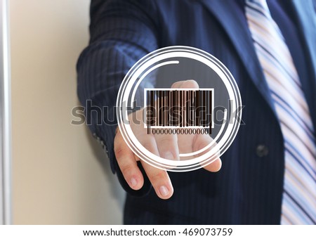 Businessman pressing the product barcode on the touch panel. Web icons.
