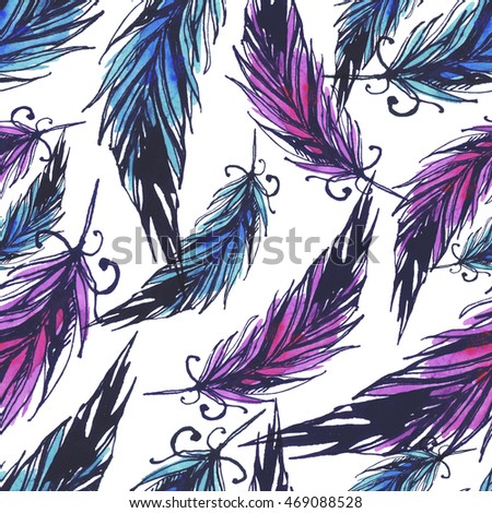 Colorful feathers on a white background. Seamless texture. Watercolor illustration.