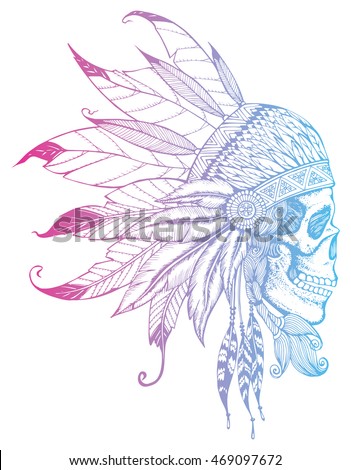 Indian skull with headdress of feathers. The leader of a tribe of Indians. Totem. Line art. Drawing by hand. Tattoo. Doodle. Zentangle. Stylized.
