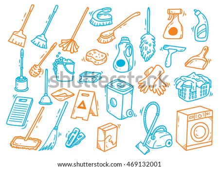 Cleaning supplies doodle isolated on white background