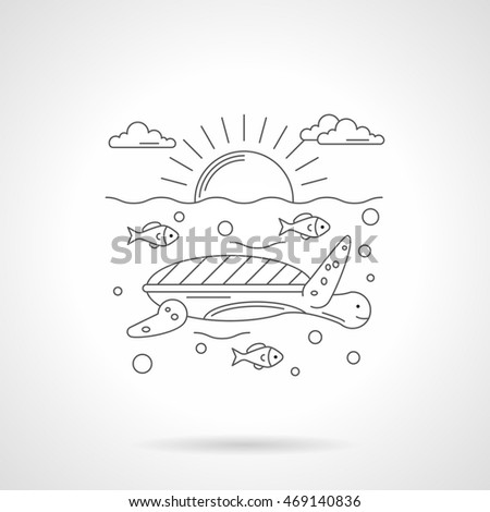 Cute turtle swimming in a sea with fishes. Cartoon seascape with sun. Detailed flat line style vector icon
