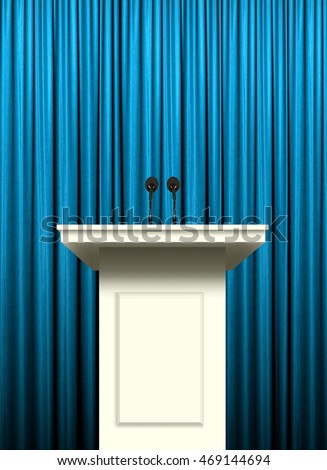white podium over blue curtain background Royalty-Free Stock Photo #469144694
