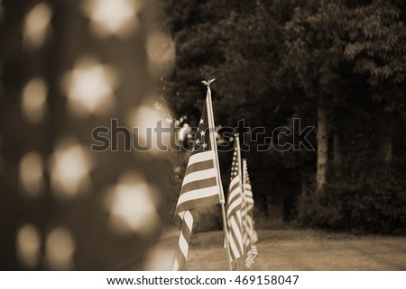 Antique editing applied to this shallow depth of field focusing on one flag in a row of flags disappearing in the distance. Blurred flags in the foreground and background. Horizontal format copy space