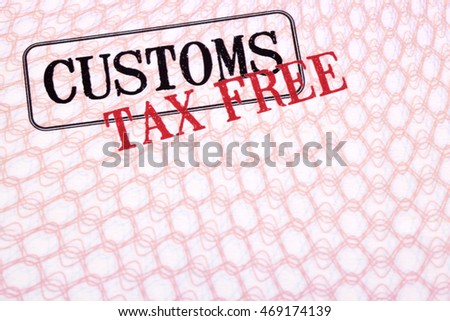 Customs tax duty free stamps on passport page, copy space