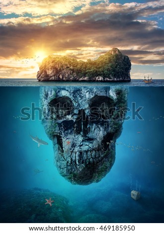 Fantastic tropical island with scull rock underwater at sunset