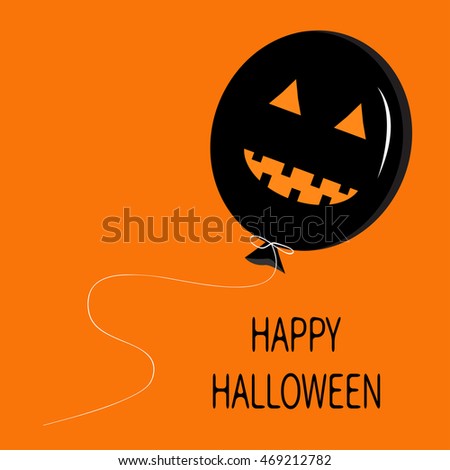 Cute cartoon funny black balloon pumpkin with scary smile, eyes and teeth. Thread bow. Halloween card for kids. Flat design. Orange background. Vector illustration