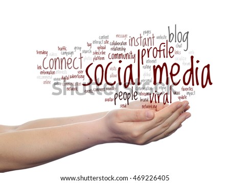 Concept or conceptual social media marketing or communication abstract word cloud in hand isolated on background, metaphor to networking, community, technology, advertising, global, worldwide tagcloud