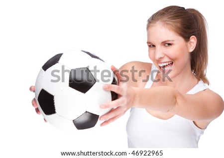 Full isolated studio picture from a young and beautiful woman with football