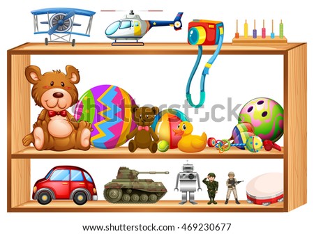 Toys on wooden shelves illustration