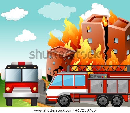 Fire trucks at the fire scene illustration
