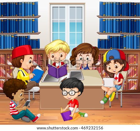 Boys and girls reading in library illustration