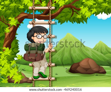 Boy climbing up the wooden ladder in park illustration