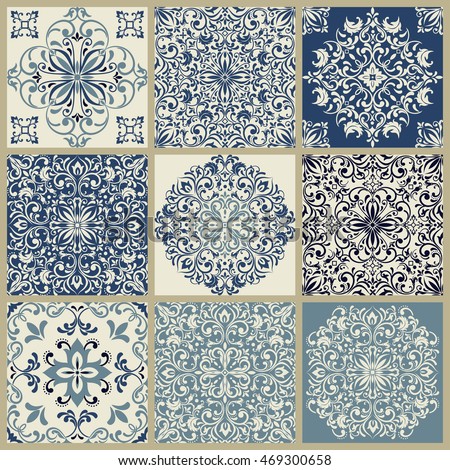 Collection of 9 seamless ceramic tiles with damask pattern in blue, black and gray
