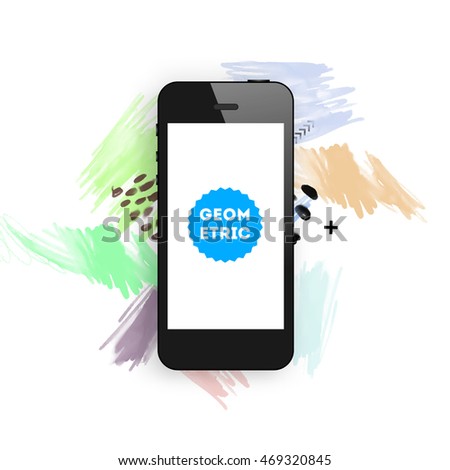 Mobile phone icon with abstract watercolor hipster background design. All aquarelle elements are monochrome and easy to recolor.
