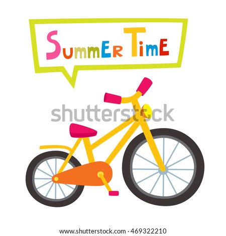 Vector riding yellow bike isolated on white background. Cartoon bike for boy or girl. Concept of sport life, bikers, bicycling for child books, stickers, posters, web pages. 