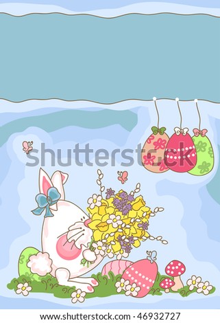 easter greeting card with cute bunny with spring flowers