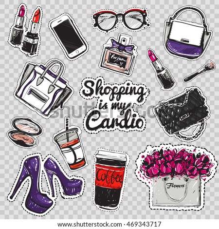 Fashion accessories patches set. Design kit of various accessory stickers or badges: lipstick, bag, clutch, cosmetics, perfume, heel shoe. Royalty-Free Stock Photo #469343717