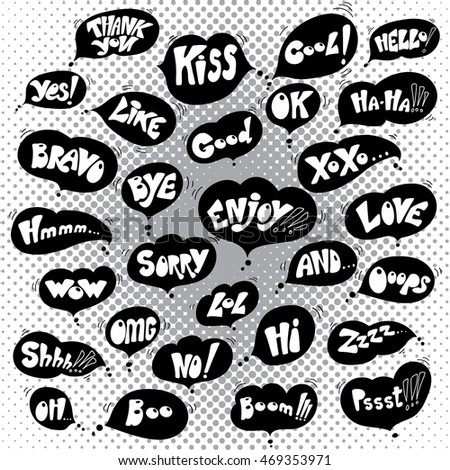 Hand drawn catchwords on the background of pop art. Hand lettering for mobile phones, for print (t-shirt, decor, poster, card) and for web (banner, blog). Vector image.