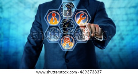 Enterprise client is activating three managed services icons on a virtual control interface with hexagonal buttons. Business and information technology concept for outside IT management. Copy space. Royalty-Free Stock Photo #469373837