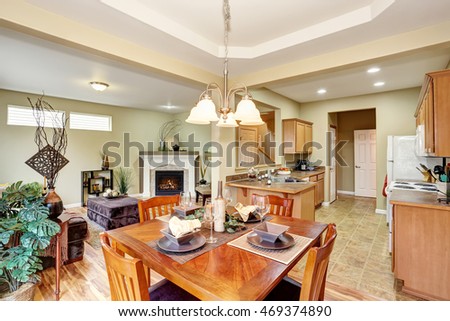 Open floor plan. Kitchen room connected to living room. View from dining area. Northwest, USA