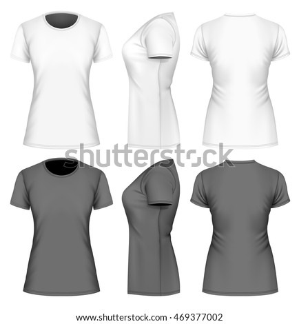 Women's  short sleeve  t-shirt. Black and white variants. Fully editable handmade mesh. Vector illustration.