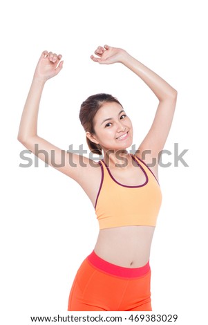 Weight loss concept. Cheerful young exercising woman, isolated over white background