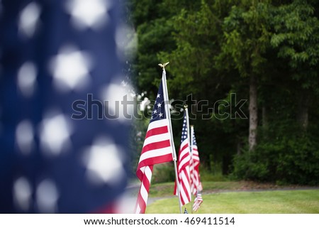 Shallow depth of field captures just a glimpse of one flag in a long row of flags. The flags in the front and back are blurred to give an artistic abstract feel to this photo representing freedom.