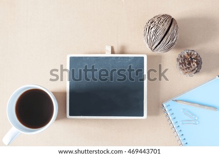 Creative flat lay photo of workspace desk with stationery, coffee and smartphone with copy space background, minimal styled