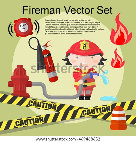 A Set of fireman cartoon character with equipment.