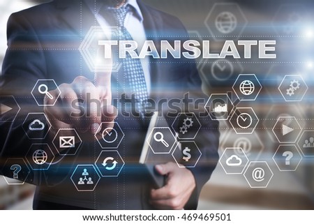 Businessman is pressing on the virtual screen and selecting "Translate".