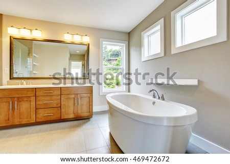 Bathroon interior with vanity cabinet, two sinks and white bath tub. Northwest, USA