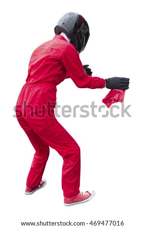 Technician maintaining service for a racing car in pit stop isolated on white background with clipping path