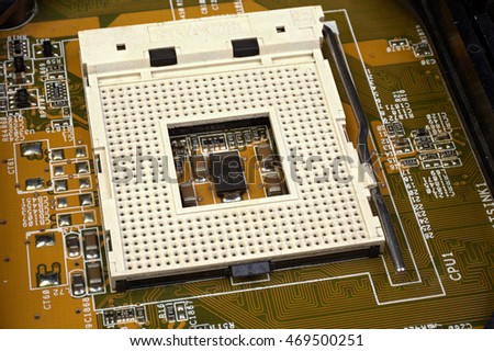 Cpu socket 478 on the pc motherboard closeup Royalty-Free Stock Photo #469500251