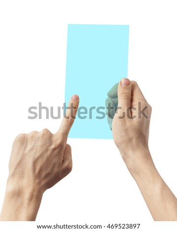 Hand holding transparent plastic device, isolated on white 