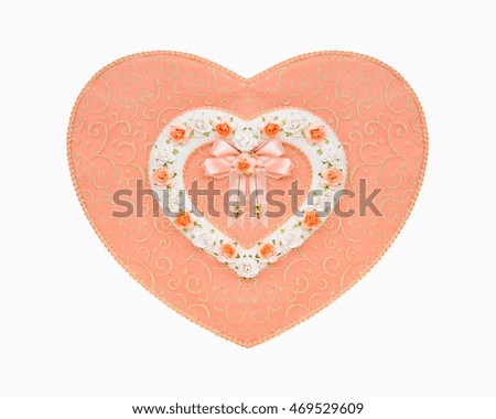 Box of valentine hearts and roses flowers decorations on isolated white background.