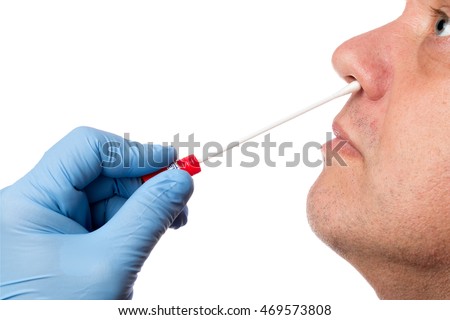 Doctor makes with a cotton swab a nasal swab Royalty-Free Stock Photo #469573808