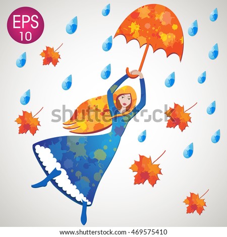 Vector girl flying with umbrella, leaves and water drops