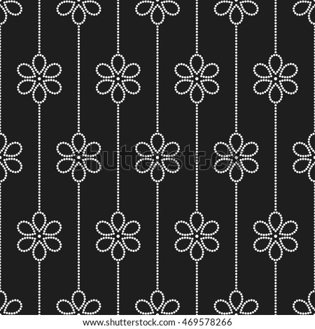 Seamless tiled geometric pattern of dotted flowers in garlands. Beads. Abstract black and white background. Vector illustration. Royalty-Free Stock Photo #469578266