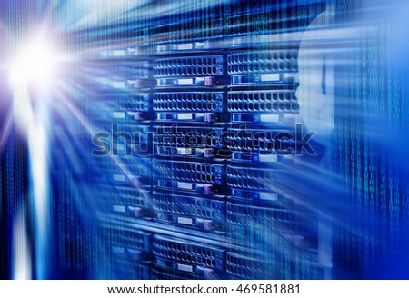 Array disk storage in data center with light effects and rays