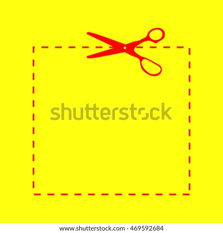 Scissors with cut lines. Red on yellow background.