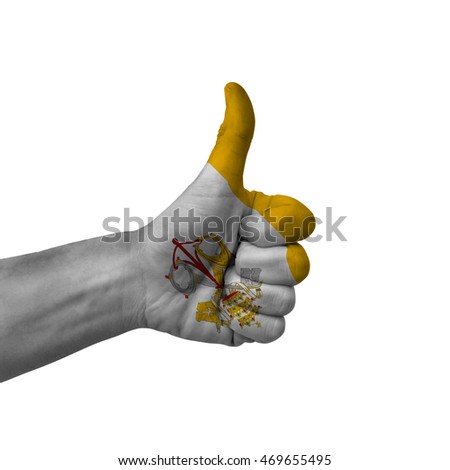 Hand making thumbs up sign, vatican city painted with flag as symbol of thumbs up, like, okay, positive  - isolated on white background