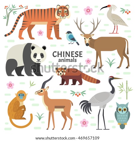 Vector illustration of Chinese animals: panda, red panda, David deer, tiger, crane, monkey, ibis, isolated on white background
