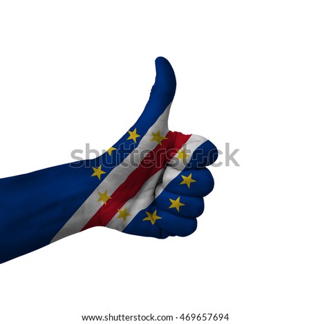 Hand making thumbs up sign, cape verde painted with flag as symbol of thumbs up, like, okay, positive  - isolated on white background